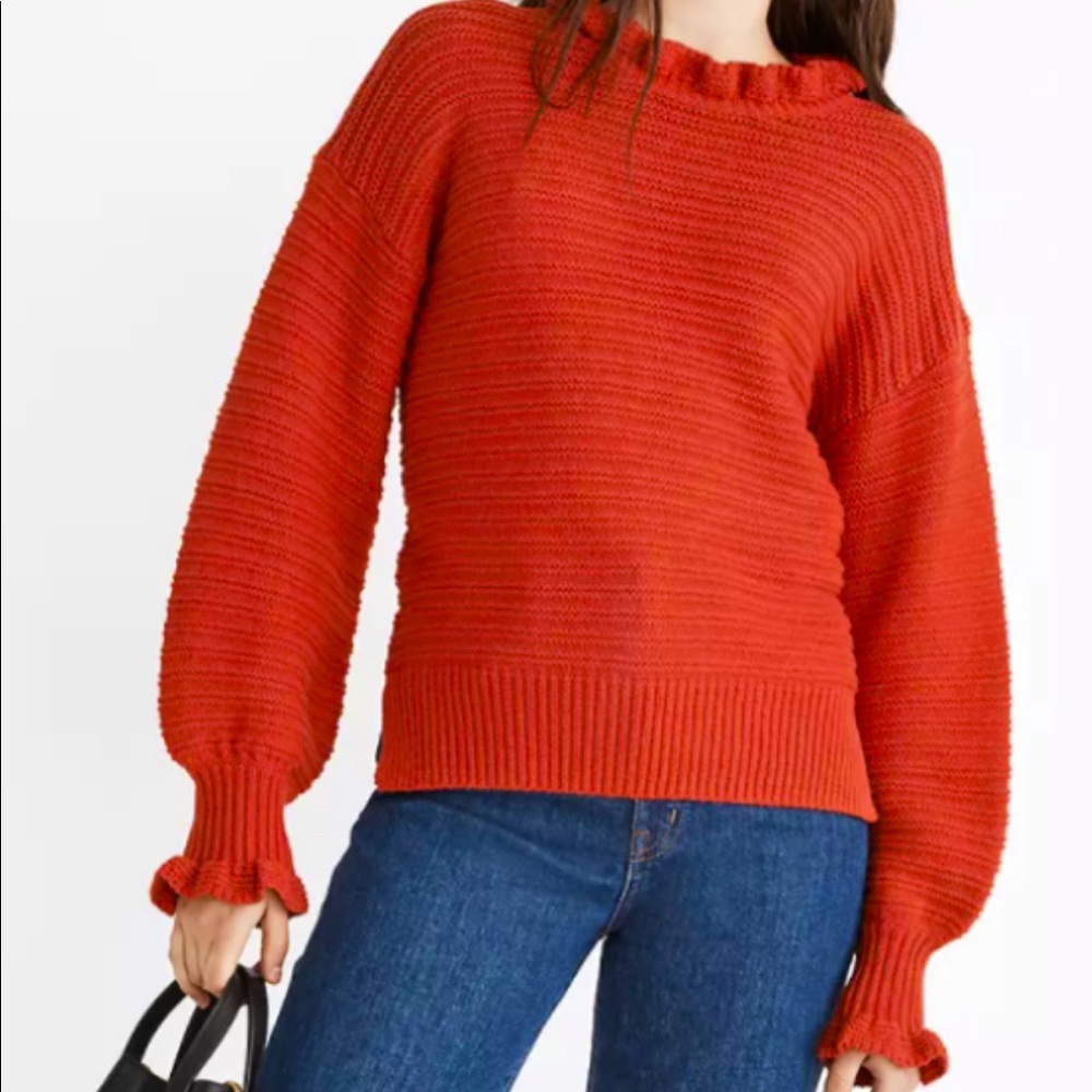 Madewell Ruffle-Neck Pullover Sweater in Cotton Merino Yarn Kilt Red Mockneck M